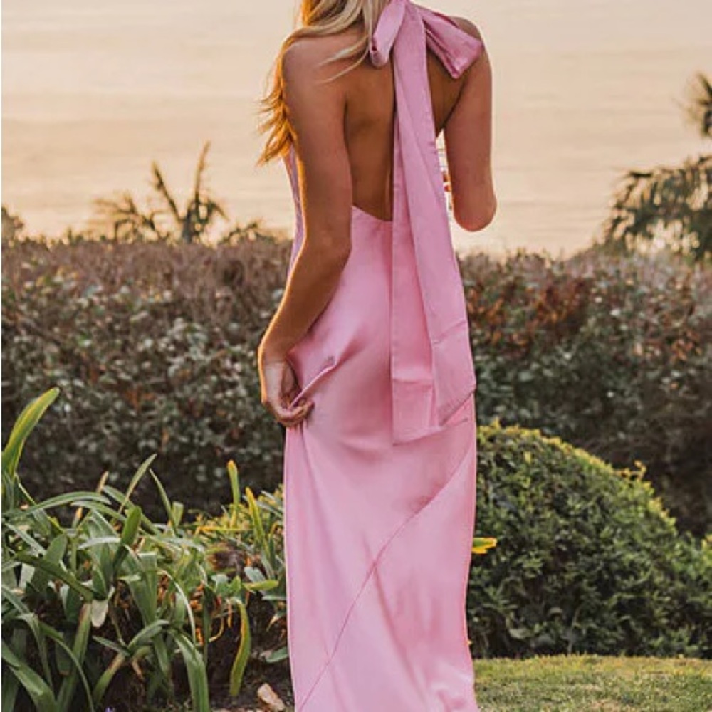 Show Me Your Mumu Lisa Maxi Dress ~ Light Pink Luxe Satin Halter Dress